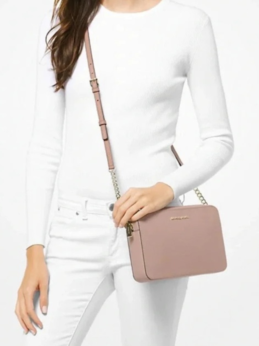 PERFECT & LIKE NEW!MICHAEL KORS DUSTY ROSE EAST WEST JET SET SAFFIANO CROSSBODY